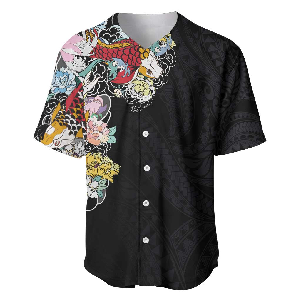 Hawaiian and Japanese Together Baseball Jersey Colorful Traditional Japanese Tattoo and Kakau Pattern Black Color LT03 Black - Polynesian Pride