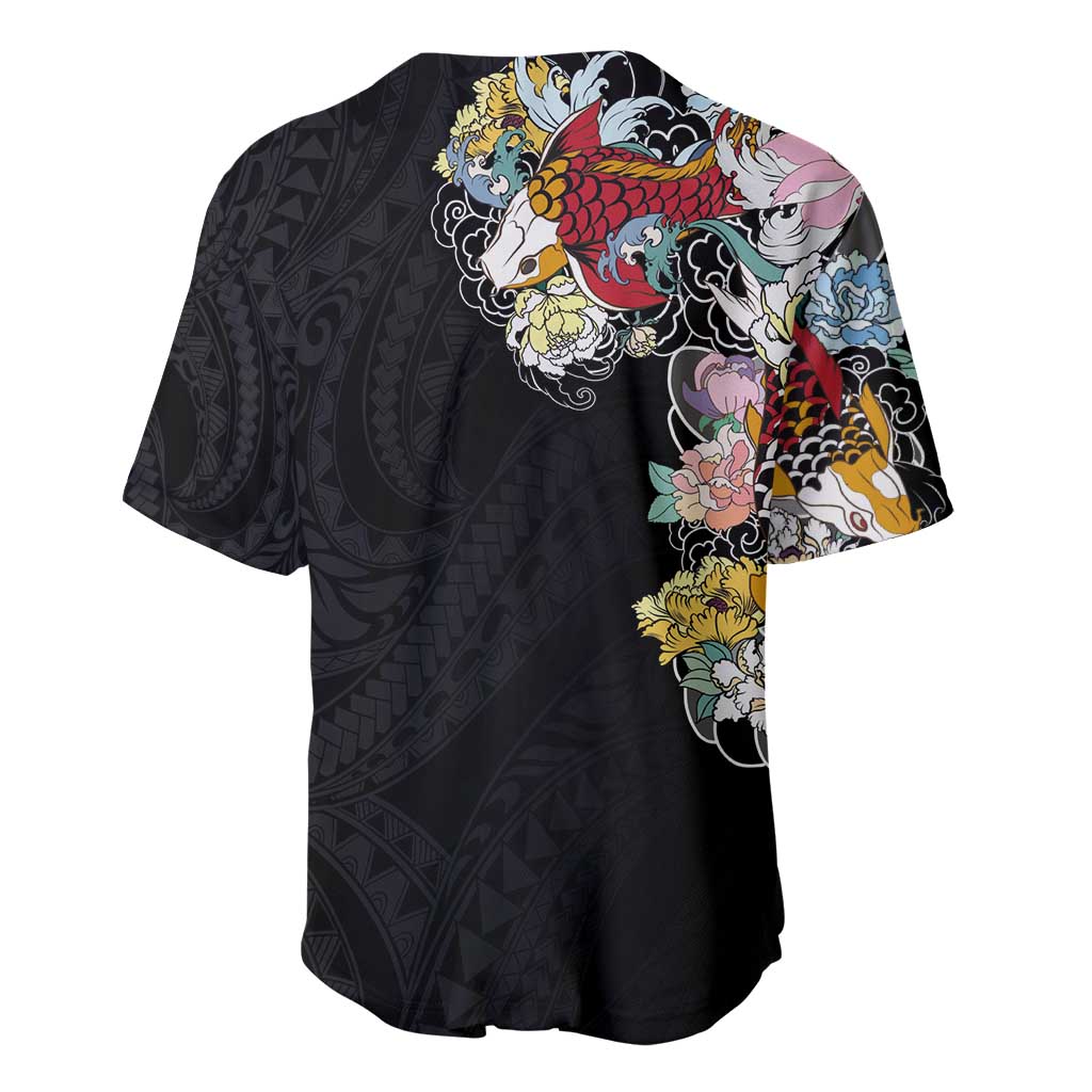 Hawaiian and Japanese Together Baseball Jersey Colorful Traditional Japanese Tattoo and Kakau Pattern Black Color LT03 - Polynesian Pride