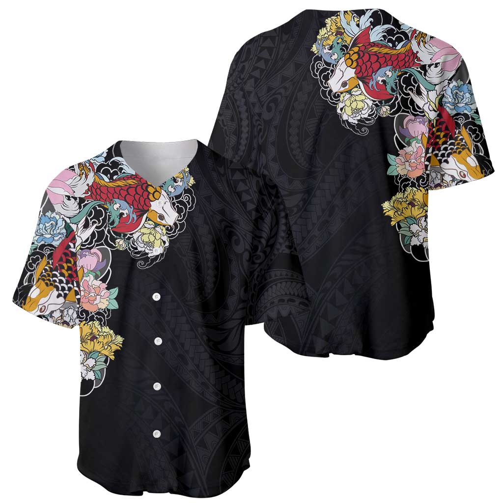 Hawaiian and Japanese Together Baseball Jersey Colorful Traditional Japanese Tattoo and Kakau Pattern Black Color LT03 - Polynesian Pride