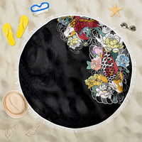 Hawaiian and Japanese Together Beach Blanket Colorful Traditional Japanese Tattoo and Kakau Pattern Black Color LT03 One Size 150cm Black - Polynesian Pride