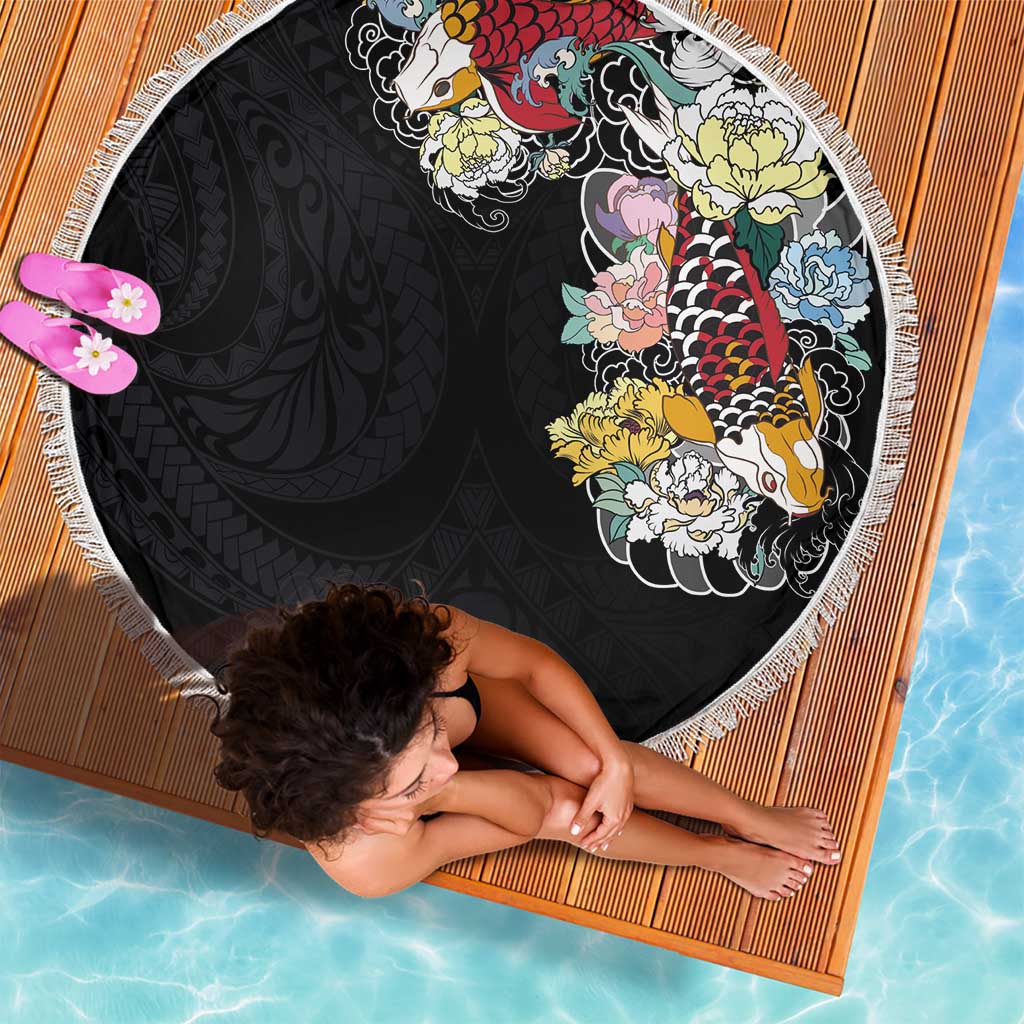 Hawaiian and Japanese Together Beach Blanket Colorful Traditional Japanese Tattoo and Kakau Pattern Black Color LT03 - Polynesian Pride