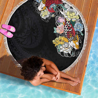 Hawaiian and Japanese Together Beach Blanket Colorful Traditional Japanese Tattoo and Kakau Pattern Black Color LT03 - Polynesian Pride
