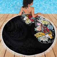 Hawaiian and Japanese Together Beach Blanket Colorful Traditional Japanese Tattoo and Kakau Pattern Black Color LT03 - Polynesian Pride