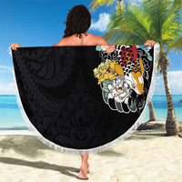 Hawaiian and Japanese Together Beach Blanket Colorful Traditional Japanese Tattoo and Kakau Pattern Black Color LT03 - Polynesian Pride
