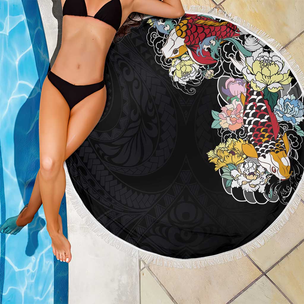 Hawaiian and Japanese Together Beach Blanket Colorful Traditional Japanese Tattoo and Kakau Pattern Black Color LT03 - Polynesian Pride