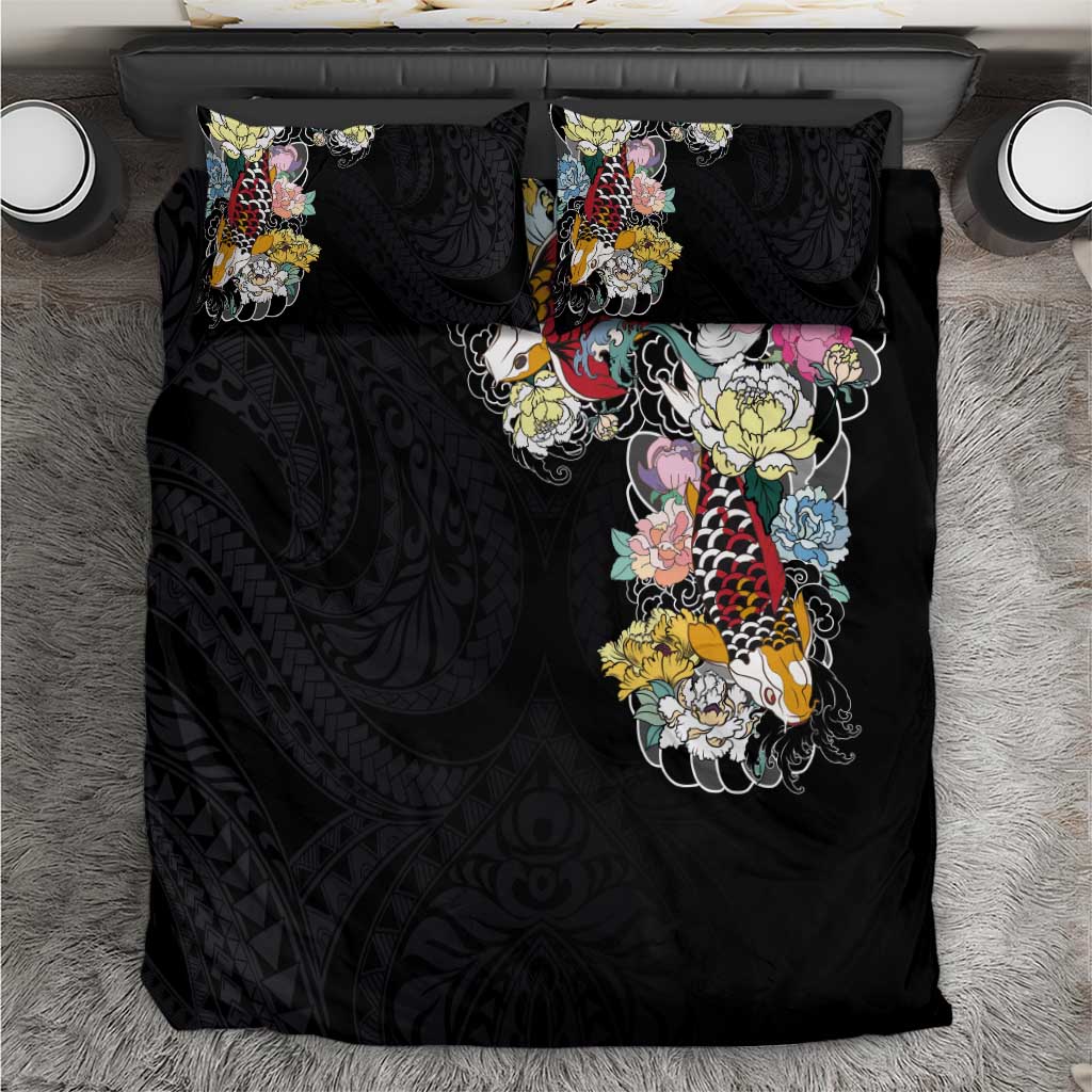 Hawaiian and Japanese Together Bedding Set Colorful Traditional Japanese Tattoo and Kakau Pattern Black Color LT03 Black - Polynesian Pride