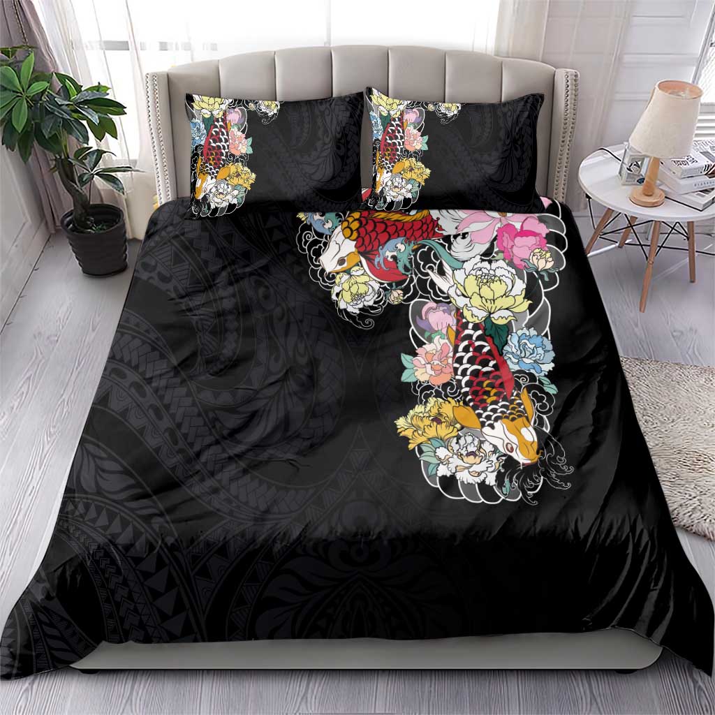 Hawaiian and Japanese Together Bedding Set Colorful Traditional Japanese Tattoo and Kakau Pattern Black Color LT03 - Polynesian Pride