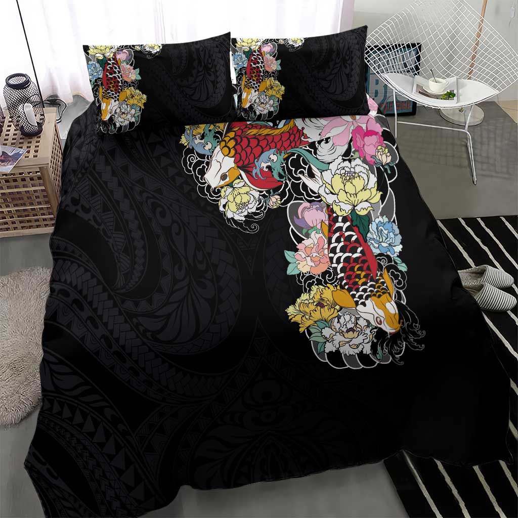 Hawaiian and Japanese Together Bedding Set Colorful Traditional Japanese Tattoo and Kakau Pattern Black Color LT03 - Polynesian Pride