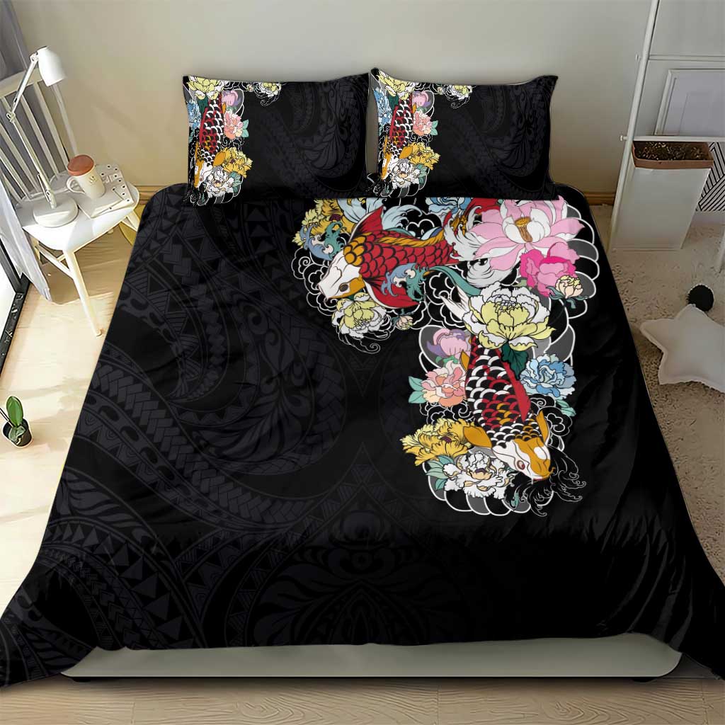 Hawaiian and Japanese Together Bedding Set Colorful Traditional Japanese Tattoo and Kakau Pattern Black Color LT03 - Polynesian Pride