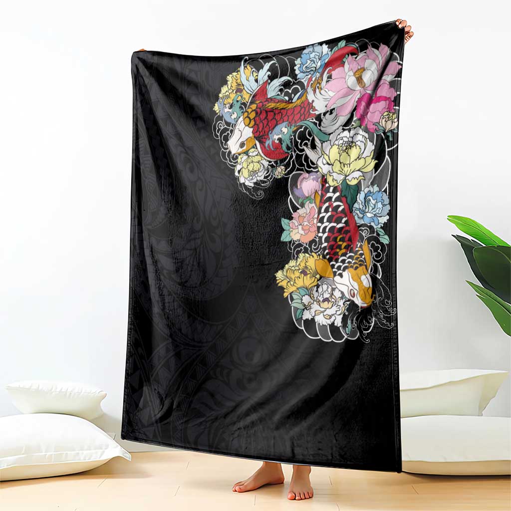 Hawaiian and Japanese Together Blanket Colorful Traditional Japanese Tattoo and Kakau Pattern Black Color LT03 - Polynesian Pride