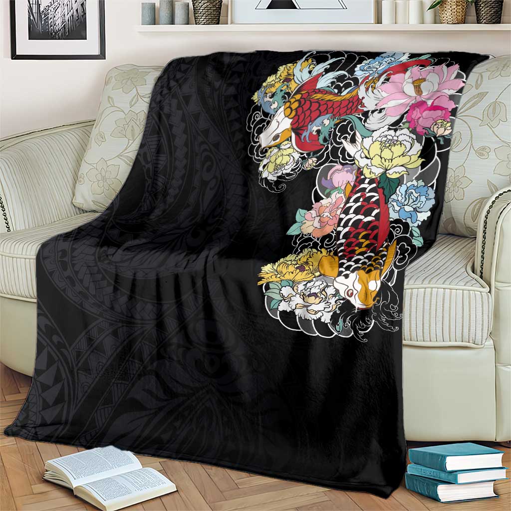Hawaiian and Japanese Together Blanket Colorful Traditional Japanese Tattoo and Kakau Pattern Black Color LT03 - Polynesian Pride