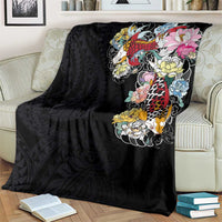 Hawaiian and Japanese Together Blanket Colorful Traditional Japanese Tattoo and Kakau Pattern Black Color LT03 - Polynesian Pride