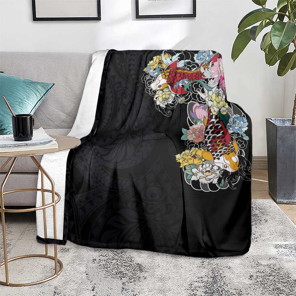 Hawaiian and Japanese Together Blanket Colorful Traditional Japanese Tattoo and Kakau Pattern Black Color LT03 - Polynesian Pride
