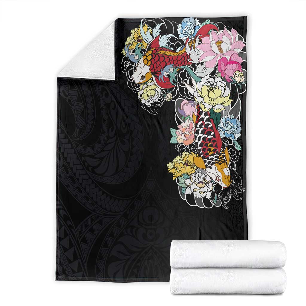 Hawaiian and Japanese Together Blanket Colorful Traditional Japanese Tattoo and Kakau Pattern Black Color LT03 - Polynesian Pride