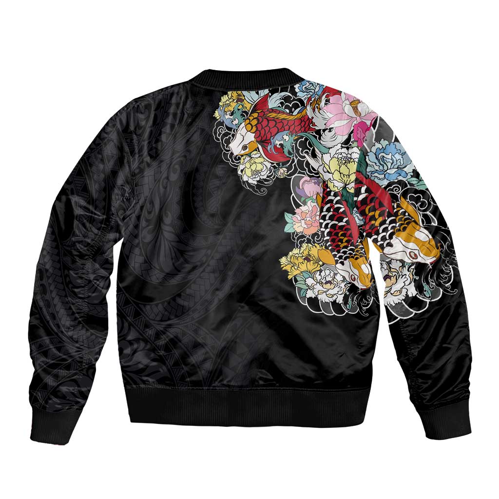 Hawaiian and Japanese Together Bomber Jacket Colorful Traditional Japanese Tattoo and Kakau Pattern Black Color LT03 - Polynesian Pride