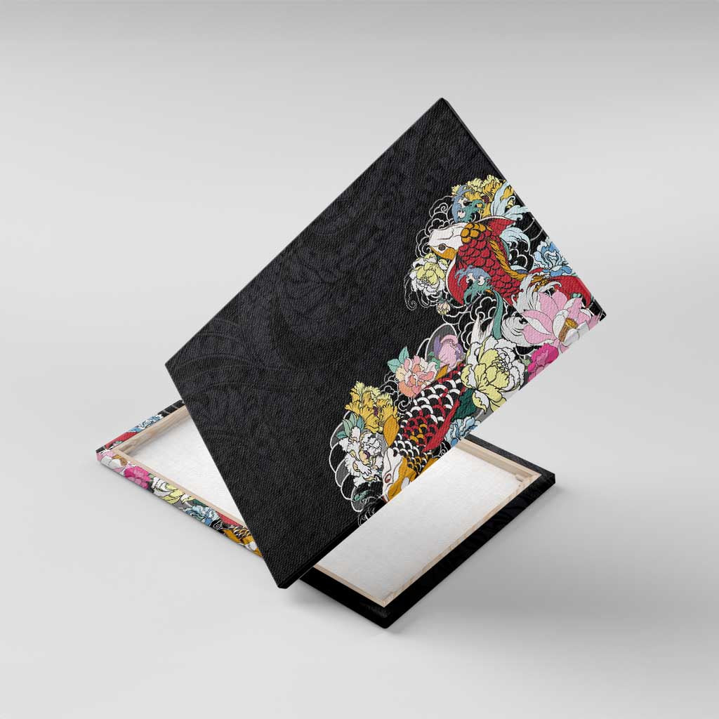Hawaiian and Japanese Together Canvas Wall Art Colorful Traditional Japanese Tattoo and Kakau Pattern Black Color LT03 With Frame Black - Polynesian Pride