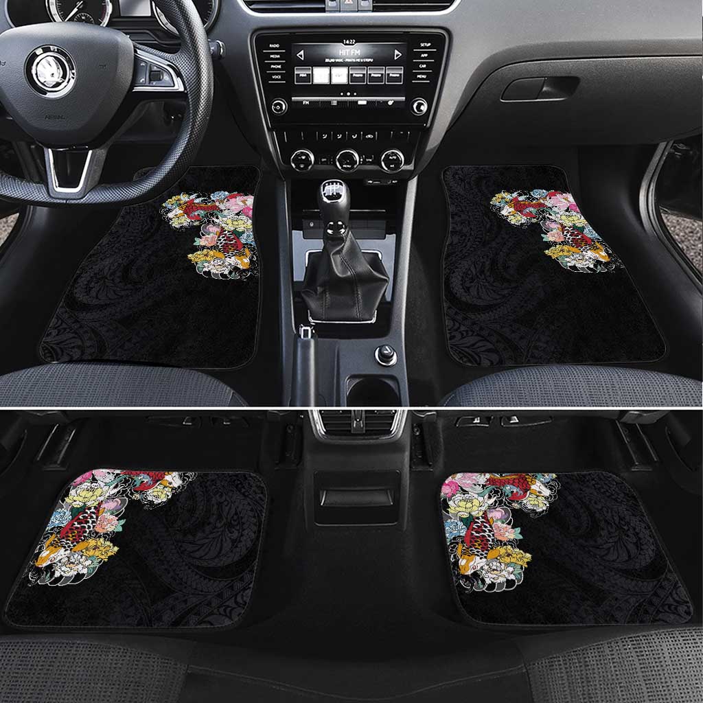Hawaiian and Japanese Together Car Mats Colorful Traditional Japanese Tattoo and Kakau Pattern Black Color LT03 Set 4pcs Black - Polynesian Pride