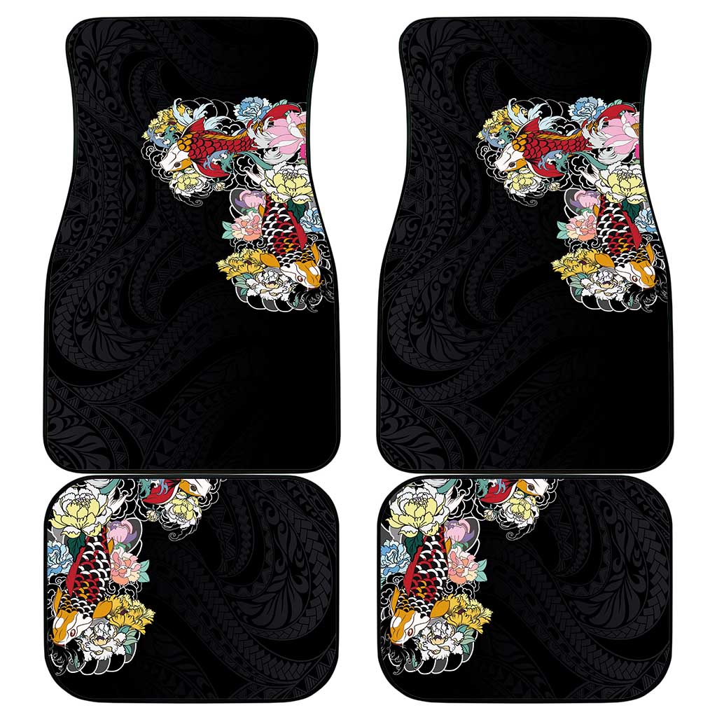 Hawaiian and Japanese Together Car Mats Colorful Traditional Japanese Tattoo and Kakau Pattern Black Color LT03 - Polynesian Pride