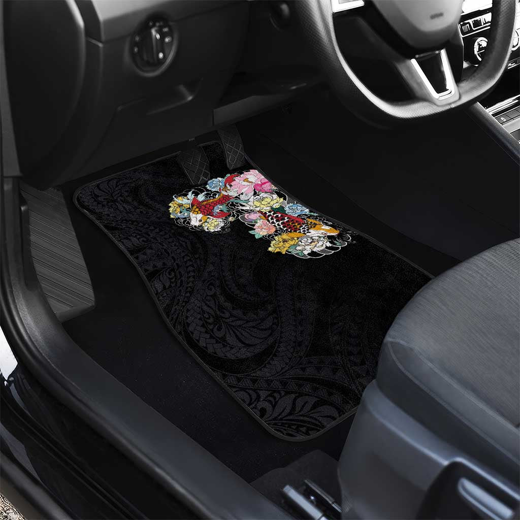 Hawaiian and Japanese Together Car Mats Colorful Traditional Japanese Tattoo and Kakau Pattern Black Color LT03 - Polynesian Pride