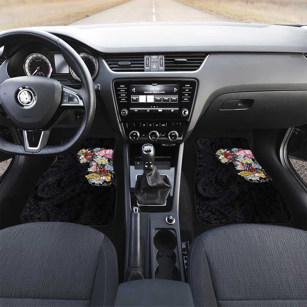 Hawaiian and Japanese Together Car Mats Colorful Traditional Japanese Tattoo and Kakau Pattern Black Color LT03 Set 2pcs - Front Black - Polynesian Pride