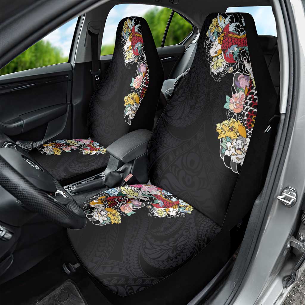Hawaiian and Japanese Together Car Seat Cover Colorful Traditional Japanese Tattoo and Kakau Pattern Black Color LT03 - Polynesian Pride