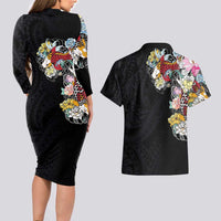 Hawaiian and Japanese Together Couples Matching Long Sleeve Bodycon Dress and Hawaiian Shirt Colorful Traditional Japanese Tattoo and Kakau Pattern Black Color LT03 - Polynesian Pride