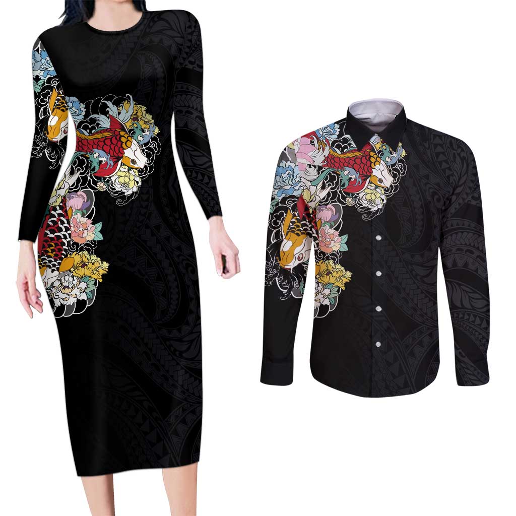 Hawaiian and Japanese Together Couples Matching Long Sleeve Bodycon Dress and Long Sleeve Button Shirt Colorful Traditional Japanese Tattoo and Kakau Pattern Black Color