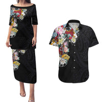 Hawaiian and Japanese Together Couples Matching Puletasi and Hawaiian Shirt Colorful Traditional Japanese Tattoo and Kakau Pattern Black Color LT03 Black - Polynesian Pride