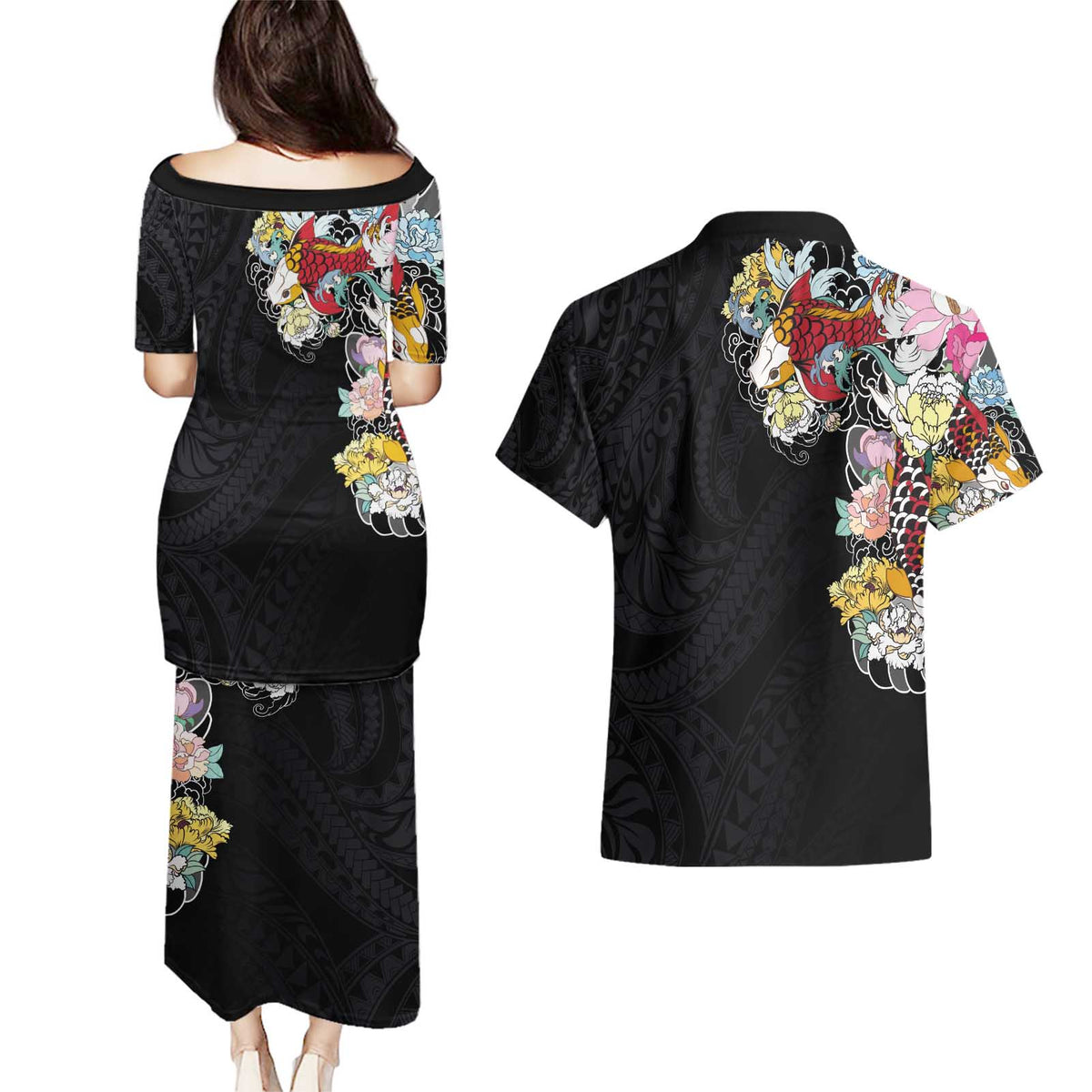 Hawaiian and Japanese Together Couples Matching Puletasi and Hawaiian Shirt Colorful Traditional Japanese Tattoo and Kakau Pattern Black Color LT03 - Polynesian Pride
