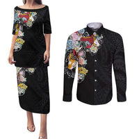 Hawaiian and Japanese Together Couples Matching Puletasi and Long Sleeve Button Shirt Colorful Traditional Japanese Tattoo and Kakau Pattern Black Color LT03 Black - Polynesian Pride