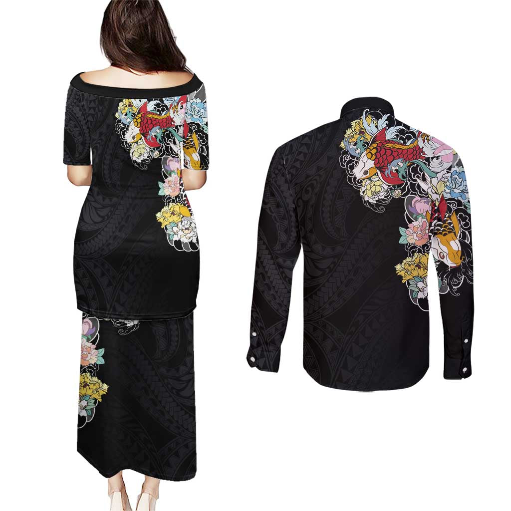 Hawaiian and Japanese Together Couples Matching Puletasi and Long Sleeve Button Shirt Colorful Traditional Japanese Tattoo and Kakau Pattern Black Color LT03 - Polynesian Pride