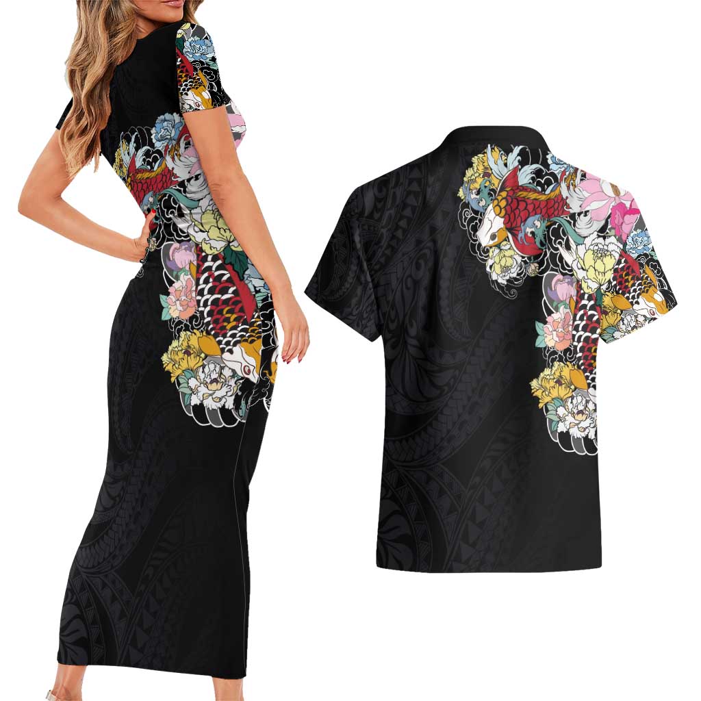 Hawaiian and Japanese Together Couples Matching Short Sleeve Bodycon Dress and Hawaiian Shirt Colorful Traditional Japanese Tattoo and Kakau Pattern Black Color LT03 - Polynesian Pride
