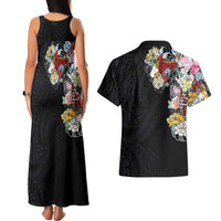 Hawaiian and Japanese Together Couples Matching Tank Maxi Dress and Hawaiian Shirt Colorful Traditional Japanese Tattoo and Kakau Pattern Black Color