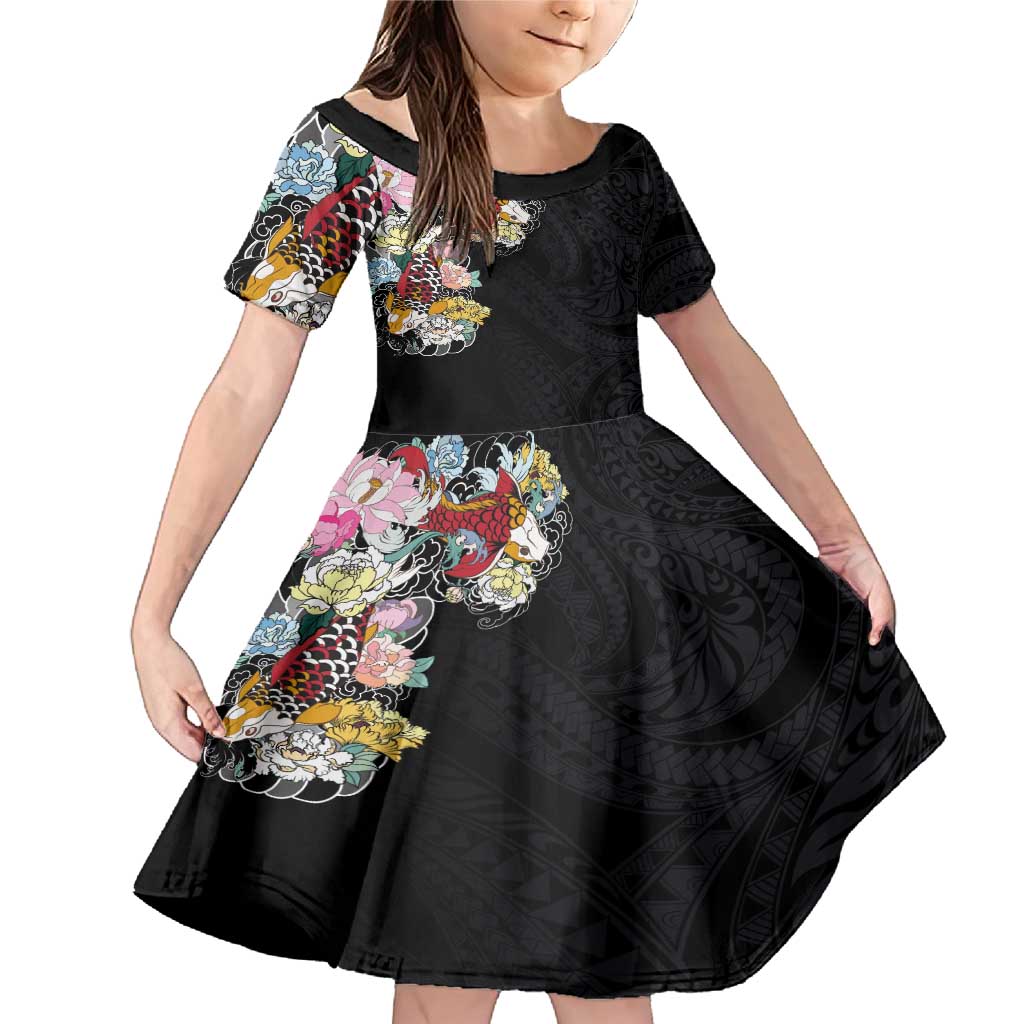 Hawaiian and Japanese Together Family Matching Mermaid Dress and Hawaiian Shirt Colorful Traditional Japanese Tattoo and Kakau Pattern Black Color LT03 Daughter's Dress Black - Polynesian Pride