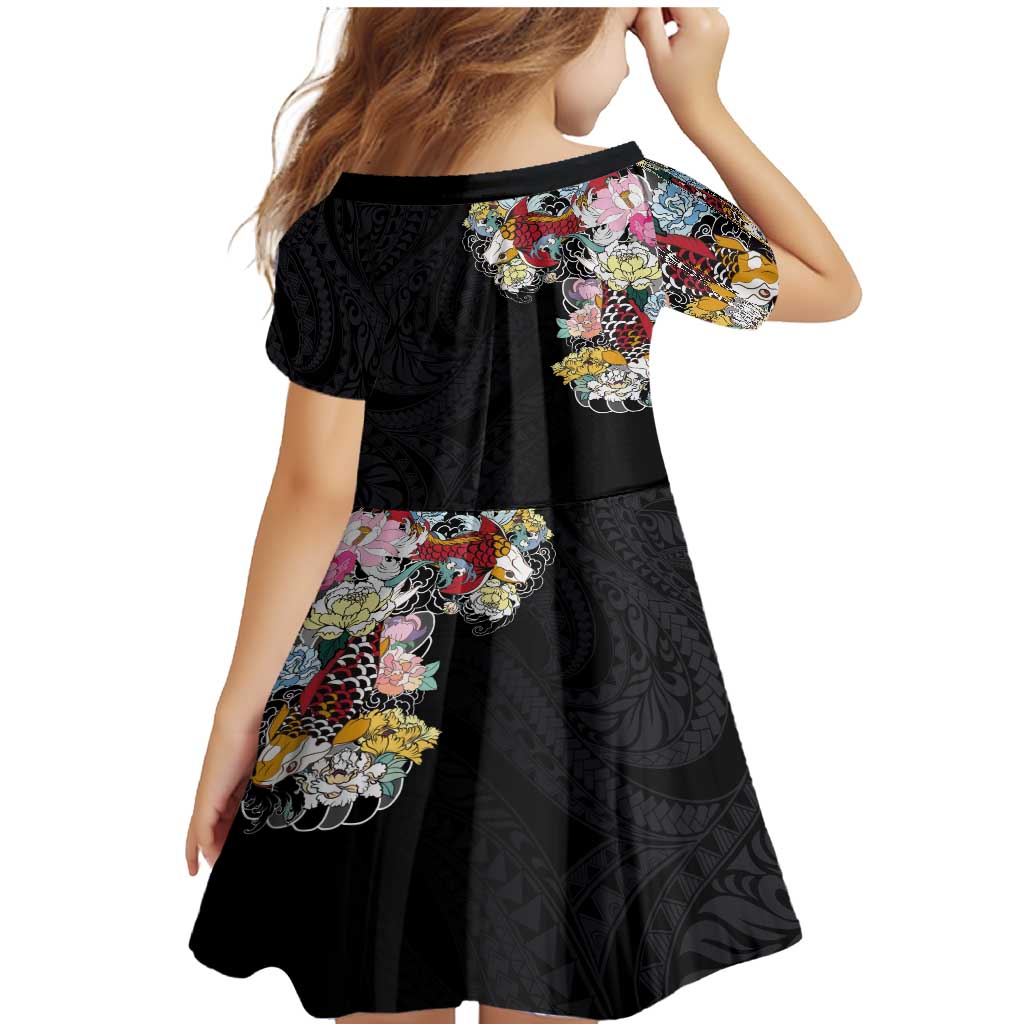 Hawaiian and Japanese Together Family Matching Mermaid Dress and Hawaiian Shirt Colorful Traditional Japanese Tattoo and Kakau Pattern Black Color LT03 - Polynesian Pride