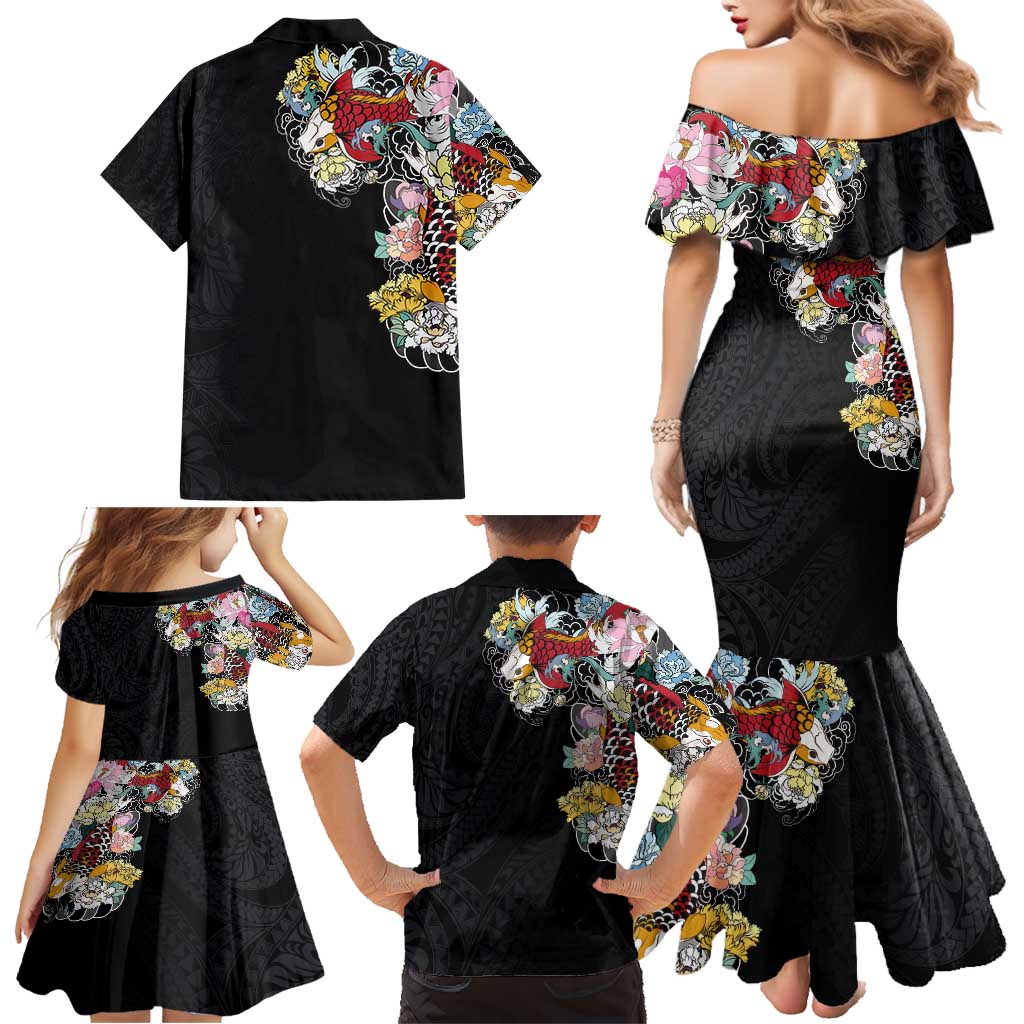 Hawaiian and Japanese Together Family Matching Mermaid Dress and Hawaiian Shirt Colorful Traditional Japanese Tattoo and Kakau Pattern Black Color LT03 - Polynesian Pride