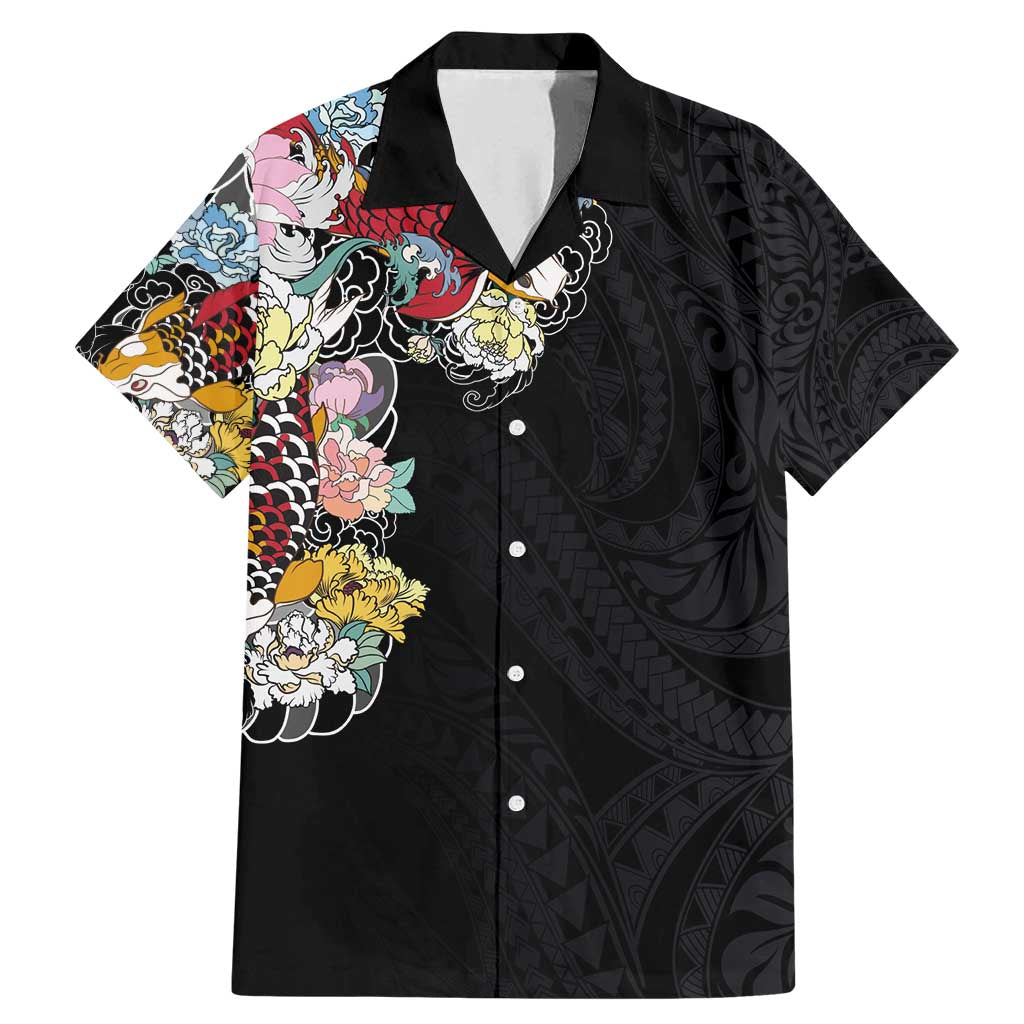 Hawaiian and Japanese Together Family Matching Mermaid Dress and Hawaiian Shirt Colorful Traditional Japanese Tattoo and Kakau Pattern Black Color LT03 Dad's Shirt - Short Sleeve Black - Polynesian Pride