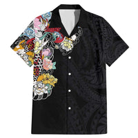 Hawaiian and Japanese Together Family Matching Mermaid Dress and Hawaiian Shirt Colorful Traditional Japanese Tattoo and Kakau Pattern Black Color LT03 Dad's Shirt - Short Sleeve Black - Polynesian Pride