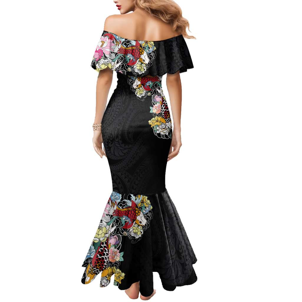 Hawaiian and Japanese Together Family Matching Mermaid Dress and Hawaiian Shirt Colorful Traditional Japanese Tattoo and Kakau Pattern Black Color LT03 - Polynesian Pride