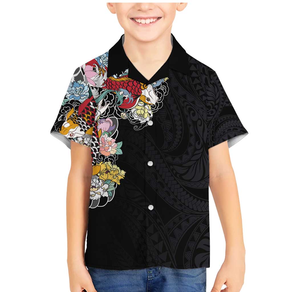 Hawaiian and Japanese Together Family Matching Mermaid Dress and Hawaiian Shirt Colorful Traditional Japanese Tattoo and Kakau Pattern Black Color LT03 Son's Shirt Black - Polynesian Pride