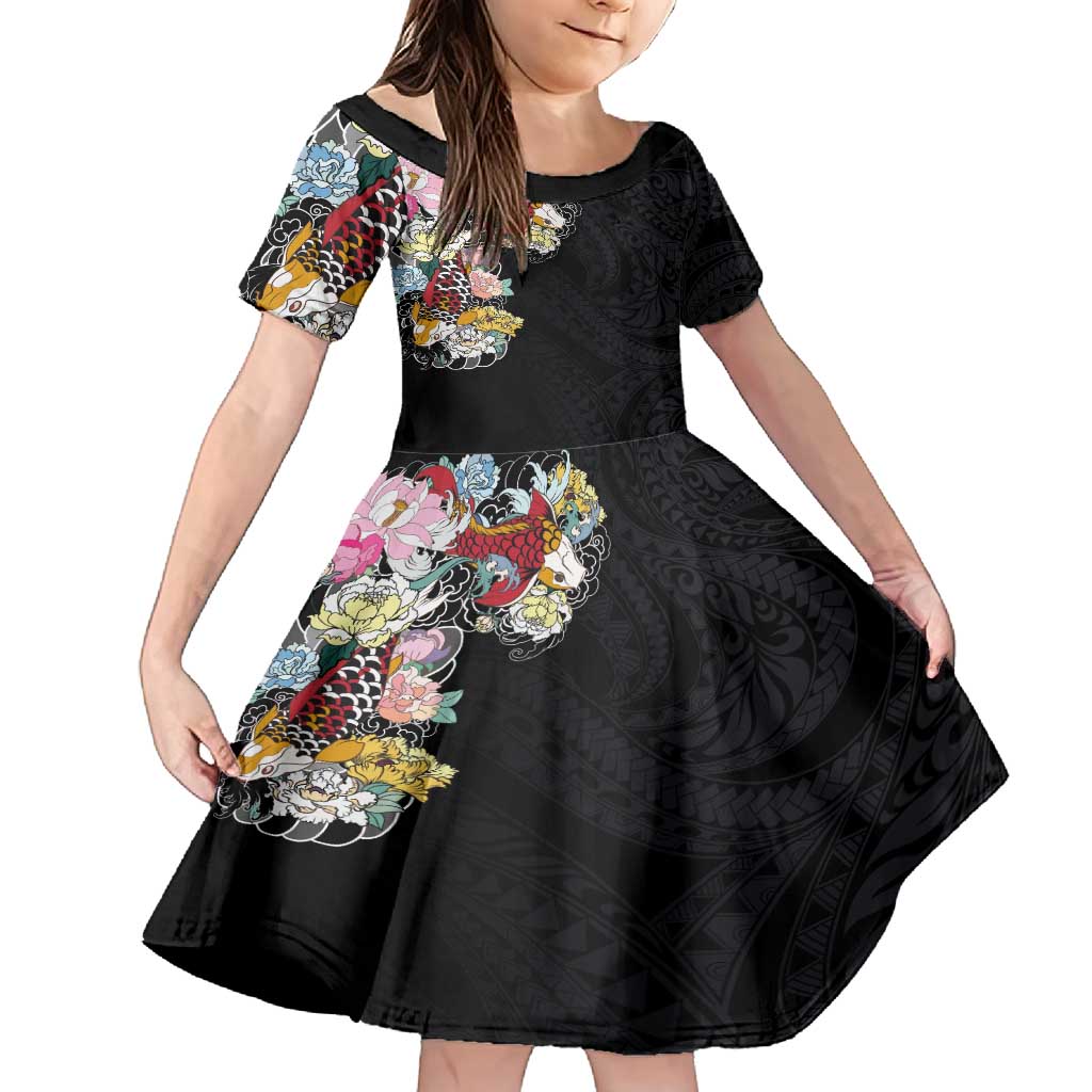 Hawaiian and Japanese Together Family Matching Off Shoulder Maxi Dress and Hawaiian Shirt Colorful Traditional Japanese Tattoo and Kakau Pattern Black Color LT03 Daughter's Dress Black - Polynesian Pride