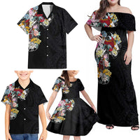 Hawaiian and Japanese Together Family Matching Off Shoulder Maxi Dress and Hawaiian Shirt Colorful Traditional Japanese Tattoo and Kakau Pattern Black Color LT03 - Polynesian Pride