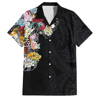 Hawaiian and Japanese Together Family Matching Off Shoulder Maxi Dress and Hawaiian Shirt Colorful Traditional Japanese Tattoo and Kakau Pattern Black Color LT03 Dad's Shirt - Short Sleeve Black - Polynesian Pride