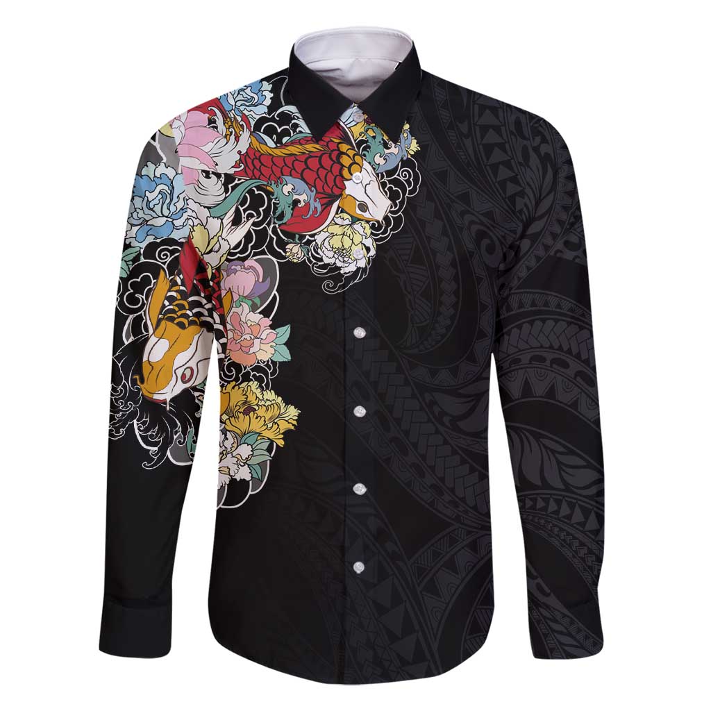 Hawaiian and Japanese Together Family Matching Off Shoulder Maxi Dress and Hawaiian Shirt Colorful Traditional Japanese Tattoo and Kakau Pattern Black Color LT03 Dad's Shirt - Long Sleeve Black - Polynesian Pride