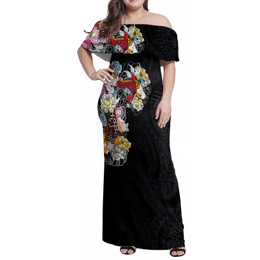 Hawaiian and Japanese Together Family Matching Off Shoulder Maxi Dress and Hawaiian Shirt Colorful Traditional Japanese Tattoo and Kakau Pattern Black Color LT03 Mom's Dress Black - Polynesian Pride