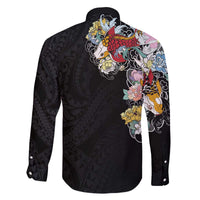 Hawaiian and Japanese Together Family Matching Off Shoulder Short Dress and Hawaiian Shirt Colorful Traditional Japanese Tattoo and Kakau Pattern Black Color