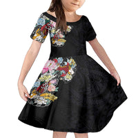 Hawaiian and Japanese Together Family Matching Puletasi and Hawaiian Shirt Colorful Traditional Japanese Tattoo and Kakau Pattern Black Color LT03 Daughter's Dress Black - Polynesian Pride