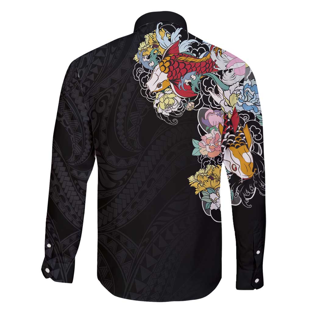 Hawaiian and Japanese Together Family Matching Short Sleeve Bodycon Dress and Hawaiian Shirt Colorful Traditional Japanese Tattoo and Kakau Pattern Black Color