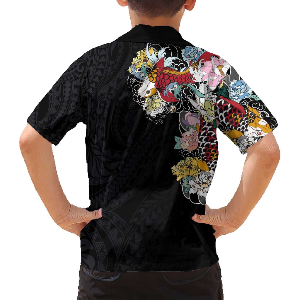 Hawaiian and Japanese Together Family Matching Summer Maxi Dress and Hawaiian Shirt Colorful Traditional Japanese Tattoo and Kakau Pattern Black Color
