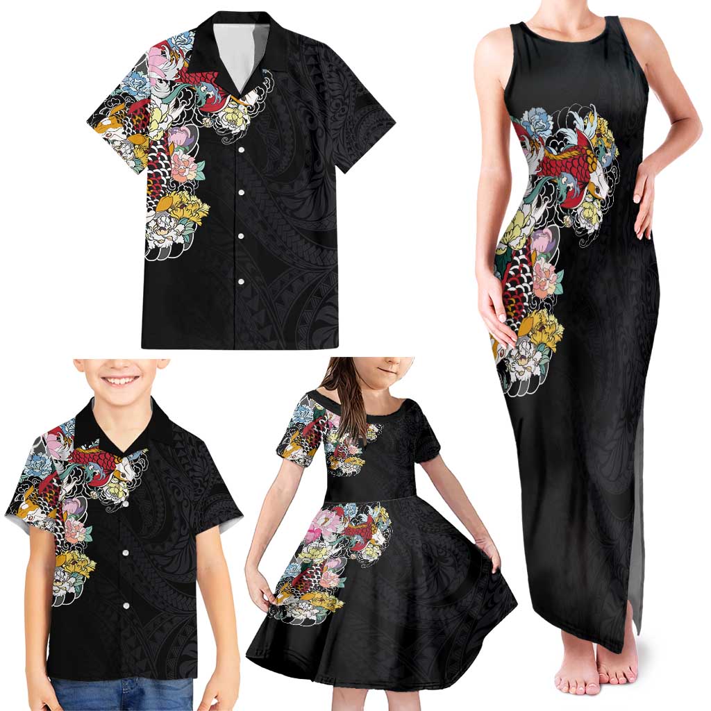 Hawaiian and Japanese Together Family Matching Tank Maxi Dress and Hawaiian Shirt Colorful Traditional Japanese Tattoo and Kakau Pattern Black Color
